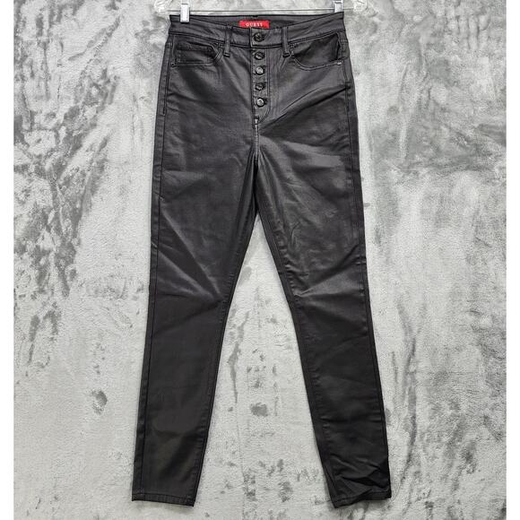 Guess Jeans Womens 28 Black Faux Leather High Rise Button Fly Skinny Leg Stretch - Picture 1 of 14